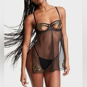 Victoria secret M mesh babydoll gold floral strappy bra band of lovers very sexy